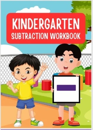 Kindergarten subtraction workbook cover with cartoon kids holding a math symbol outdoors